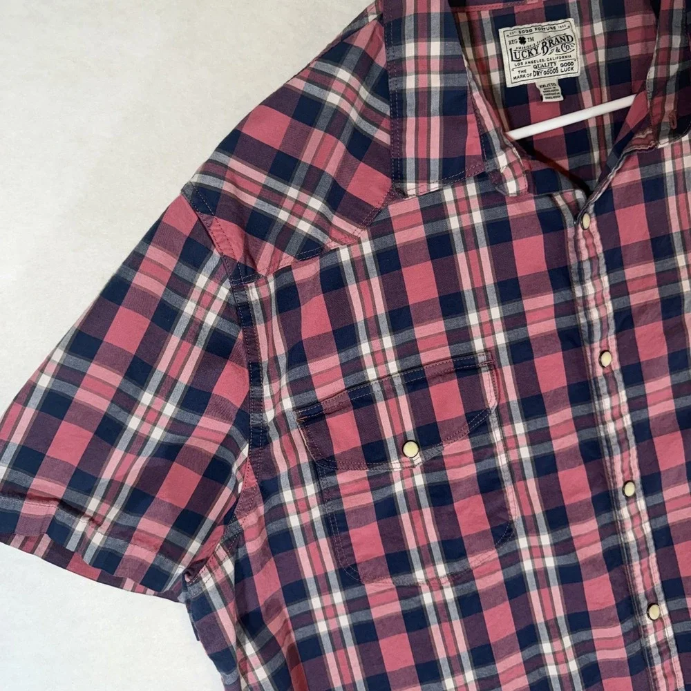 Lucky Brand Mens XXL Pink Navy Plaid Short Sleeve Pearl Snap‎ Western Shirt Y2K